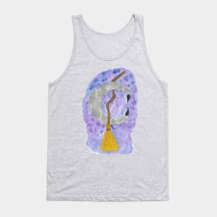 Silver Moon and Witch Broomstick Against the Starry Night Sky Hand Drawn Watercolor and Ink Artwork Tank Top